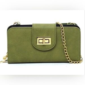 NWT Chic Olive Green Vegan Leather Crossbody / Clutch with Gold Chain